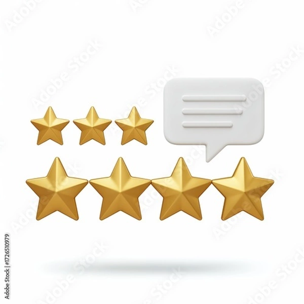 Fototapeta Customer Satisfaction and Review: A visual representation of feedback, with gold stars and a speech bubble. Perfect for conveying positive experiences and customer opinions. 
