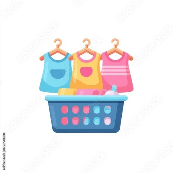 Fototapeta A bright blue plastic basket holds dirty clothes, perfect for your laundry needs. Simple and functional design.