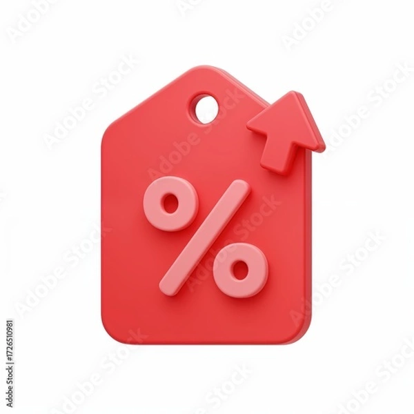 Fototapeta Discount Rate Rise: An illustrative image shows a red tag with percentage symbol and an upward arrow, which is symbolizing the rise in interest or the inflation in economic