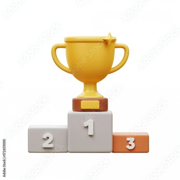 Fototapeta Golden Victory: An emblem of triumph shines in a rendered depiction, showcasing a lustrous golden trophy perched atop a podium of numerical achievement, symbolizing success, achievement, and honor.