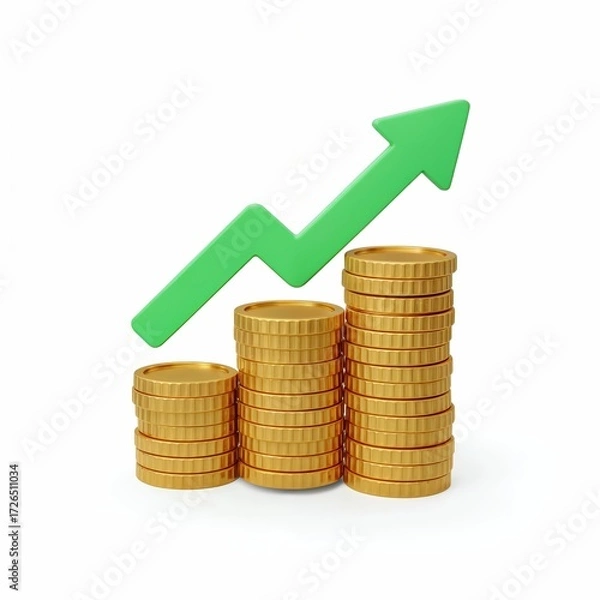 Fototapeta Financial Growth Illustration: A visual representation of financial growth, with stacks of golden coins and a green upward arrow, suggesting prosperity and success.