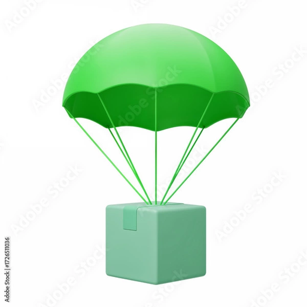 Fototapeta Delivering Surprise: A vibrant green box gracefully descends from the sky, suspended by a meticulously crafted parachute, delivering a sense of anticipation and promise.