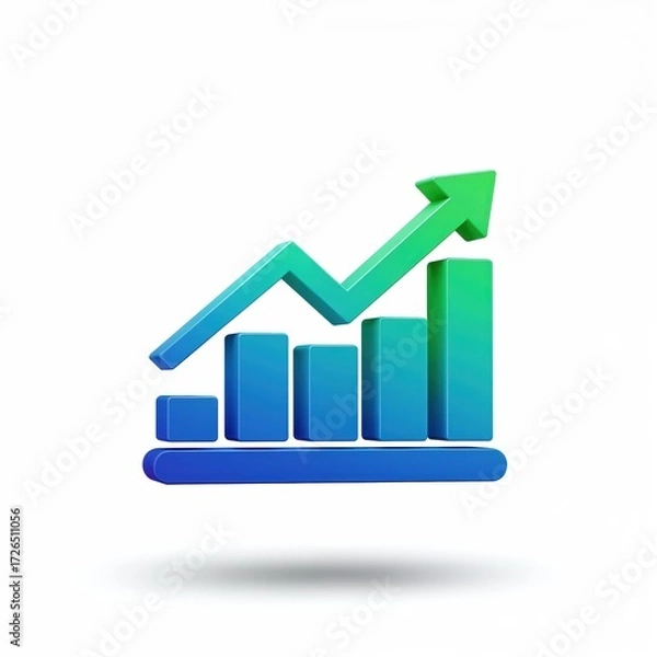Fototapeta Growth in Progress: A dynamic 3D rendered visualization, showcasing a rising green arrow superimposed over vibrant blue and green bar graphs to illustrate financial and business advancement