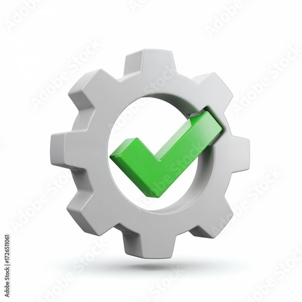 Fototapeta Gear with Green Check Mark: A 3D-rendered gear, meticulously designed and ready for action, showcases a vivid green check mark, symbolizing validation, completion, and success in the digital realm.