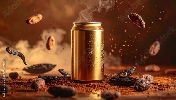 Fototapeta A steaming golden beverage can surrounded by flying cocoa beans and rich, dark cocoa powder.