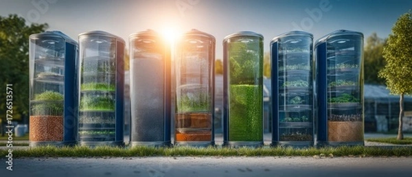 Fototapeta Innovative Vertical Gardens in Transparent Containers at Sunset