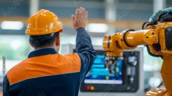 Fototapeta Worker Interacting with Industrial Robot in a Modern Manufacturing Facility