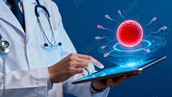 Fototapeta Ai for cancer detection in healthcare with doctor using tablet and futuristic interface