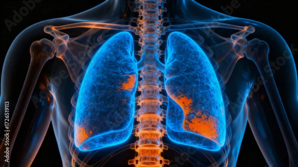 Fototapeta Ai for cancer detection in human lung medical scan showing highlighted affected tissue