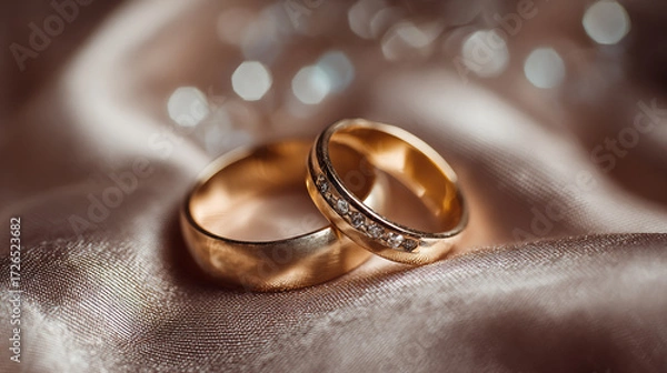 Fototapeta Elegant Wedding Rings on Satin Fabric with Gentle Bokeh Background for Romantic and Timeless Celebrations