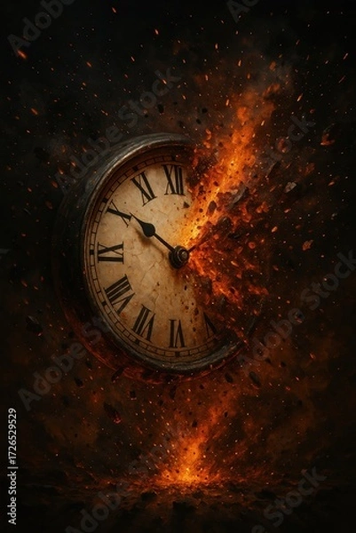 Fototapeta Time's Fiery Embrace: A vintage clock, seemingly consumed by flames and disintegrating into sparks, dramatically represents the passage of time and its relentless, consuming nature.