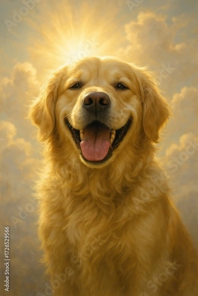 Fototapeta Golden Retriever Smiling: A close-up shot of a radiant golden retriever, exuding warmth and happiness, against a soft, dreamy backdrop of sunlight and clouds.