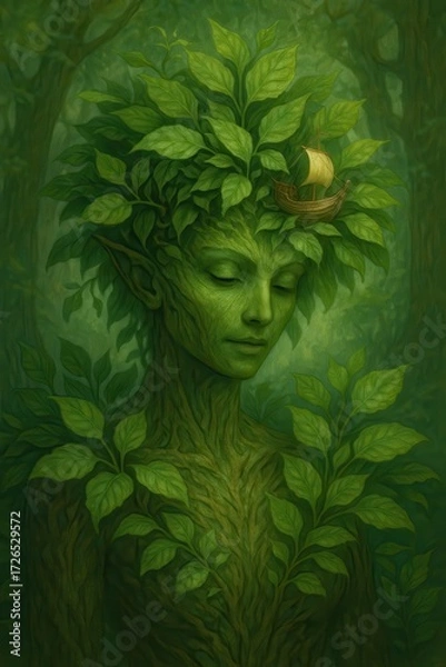 Fototapeta Green Goddess: A serene green figure embodies the essence of nature, adorned with vibrant foliage and a touch of golden symbolism, representing growth, harmony, and the Earth's embrace.