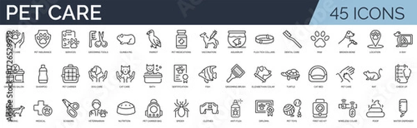 Obraz Set of 45 outline icons related to pet care. Linear icon collection. Editable stroke. Vector illustration