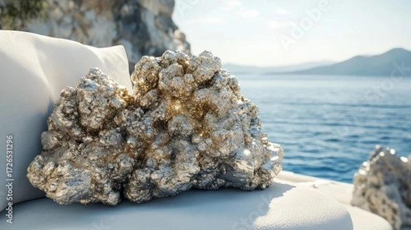 Fototapeta Extreme Close up Unrreal engine greek mythology mermaid pyrite cluster loveseat shaped a perfect symbiosis, a beautiful blending on one pyrite cluster loveseat and a greek mythology mermaid shape fusi