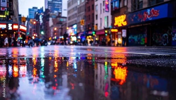 Fototapeta Wet city street at night with colorful reflections of neon lights and traffic signals on the pavement