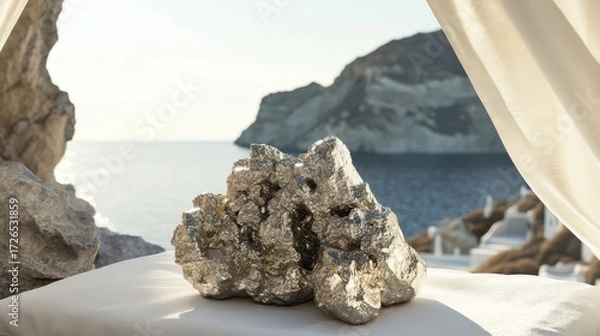 Fototapeta Extreme Close up Unrreal engine greek mythology mermaid pyrite cluster loveseat shaped a perfect symbiosis, a beautiful blending on one pyrite cluster loveseat and a greek mythology mermaid shape fusi
