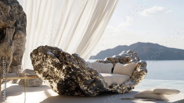 Fototapeta Extreme Close up Unrreal engine greek mythology mermaid pyrite cluster loveseat shaped a perfect symbiosis, a beautiful blending on one pyrite cluster loveseat and a greek mythology mermaid shape fusi