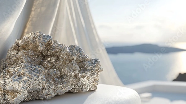 Fototapeta Extreme Close up Unrreal engine greek mythology mermaid pyrite cluster loveseat shaped a perfect symbiosis, a beautiful blending on one pyrite cluster loveseat and a greek mythology mermaid shape fusi