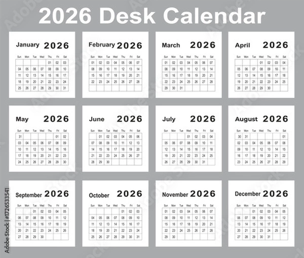 Fototapeta 2026 Desk Calendar Design Template, Black and White 