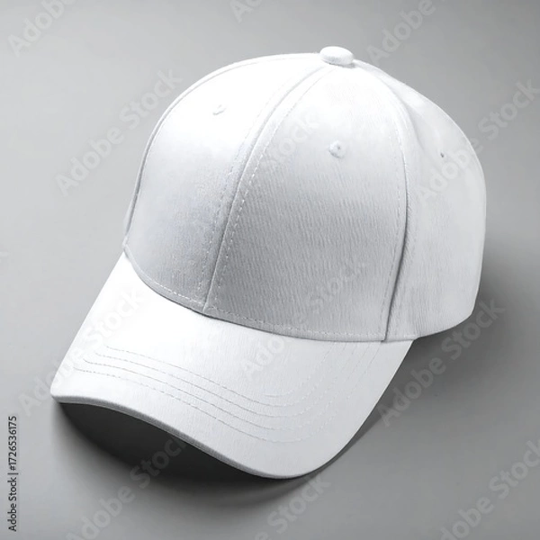 Fototapeta A plain white baseball cap rests on a gray background