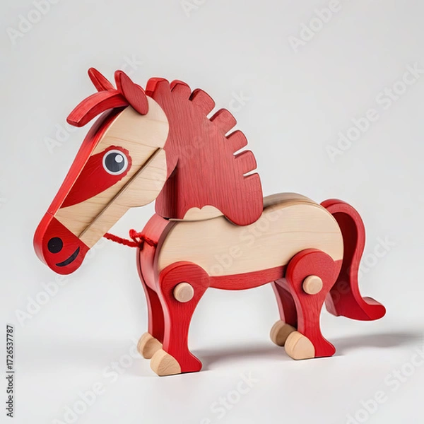 Fototapeta Children's wooden toy of a red horse on a white background