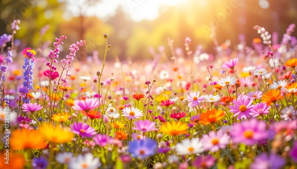 Fototapeta image of a vibrant, sunlit field of wildflowers. These meadows are essential habitats for diverse wildlife and ecosystems.