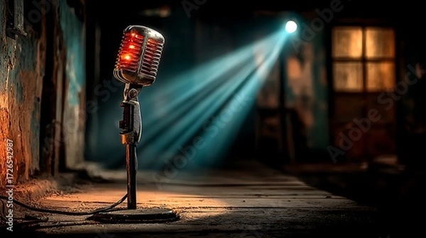 Fototapeta Retro microphone highlighted by warm stage lights high resolution picture