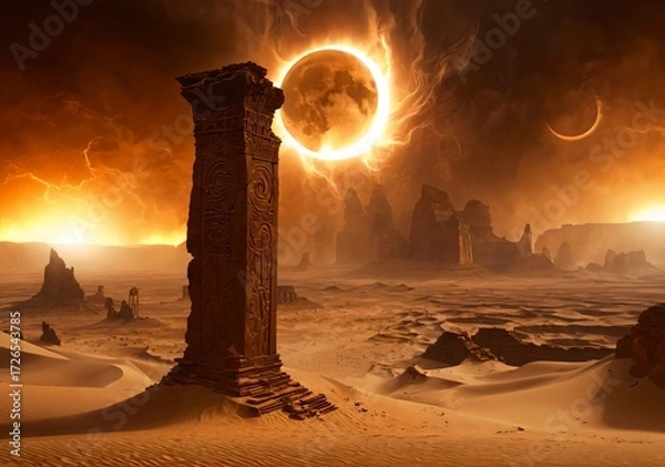 Obraz Epic Eclipse Over Desert Ruins Glowing Sandstorms Swirling