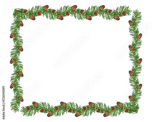 Fototapeta Christmas frame made of conifer branches with cones and small red accents. Perfect for holiday greeting cards, invitations, seasonal letters, festive messages, winter sale banners. Overlay background.