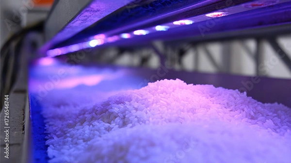 Fototapeta Polished rice is illuminated by fluorescent lights on conveyor belt, showcasing its texture and shine in modern processing facility. vibrant colors create appealing visual effect