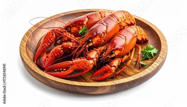 Obraz Three cooked lobsters on a wooden platter