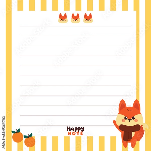 Fototapeta cute autumn style memo pad for school stuff with cartoon fox. cute note paper for journal and planner