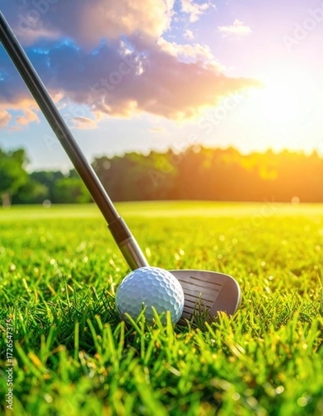 Obraz Golf club and ball on a grassy course at sunset