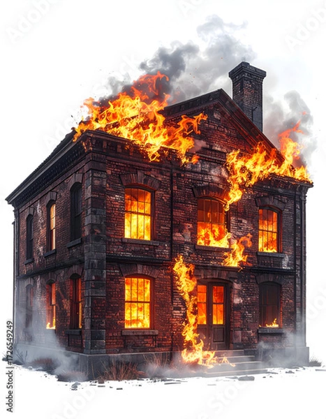 Fototapeta Burning Building: A building engulfed in flames, with a fiery blaze visible through the windows and billowing smoke rising into the air.