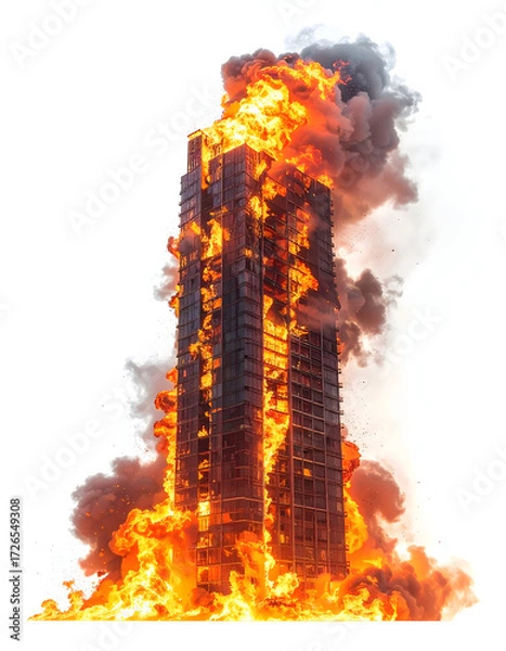 Fototapeta Tower Inferno: A high-rise building consumed by flames, with billowing smoke against the bright sky, highlighting the intensity of the disaster and the destructive power of fire.