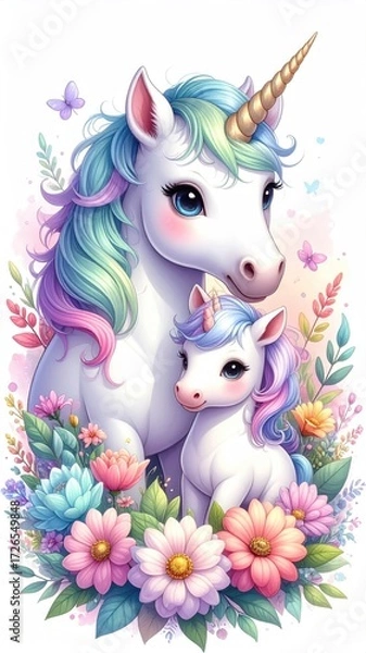 Obraz Cute unicorn and foal surrounded by flowers