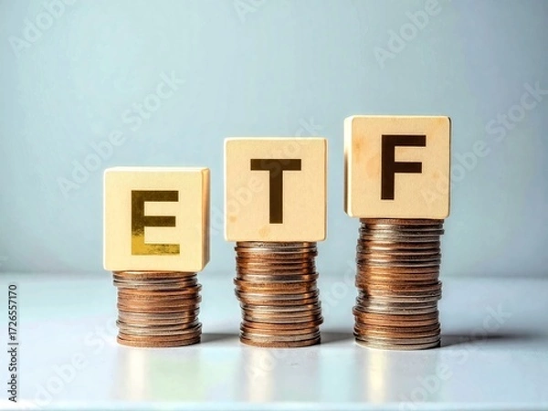 Fototapeta Stack of Coins with ETF Letters on Light Blue Finance Background