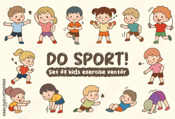 Obraz Set variety of flat cartoon kids character do different sport vector isolated on white background. Hand drawn style school child stretching exercise. Girl and boy in physical exercises. jump run