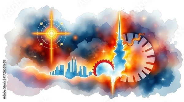 Fototapeta "Sorcerer casting neon spells, glowing arcane aura, mystical fantasy design, isolated on white background, PNG cutout, high-detail magical style"
