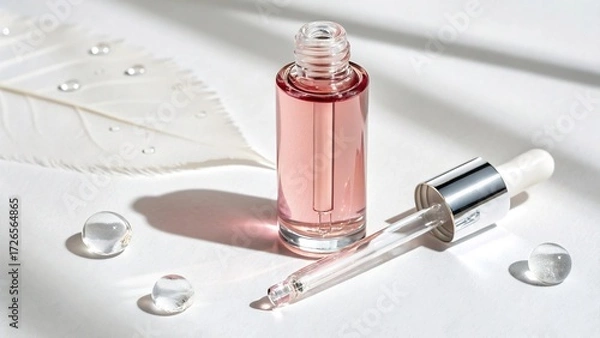 Fototapeta A delicate cosmetic dropper bottle filled with pink serum, surrounded by water droplets and a feather on a white background