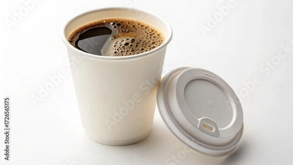 Fototapeta An isolated paper coffee cup filled with hot black coffee and a separate white lid, presented on a clean white background, highlighting a ready-to-go beverage experience