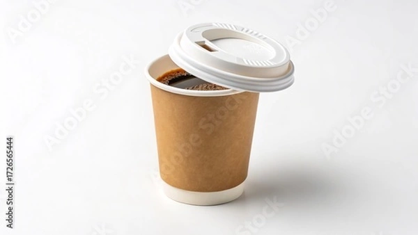 Fototapeta A disposable brown paper coffee cup filled with black coffee, with the white lid open, isolated on a clean white background