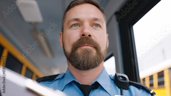 Fototapeta School security guard verifying transport coverage credentials, School bus insurance