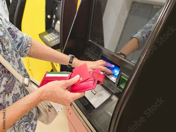 Fototapeta woman's hand enters a digital PIN code atm machine