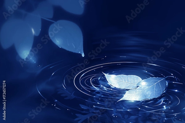 Fototapeta Glowing leaf floating on water with ripples at night