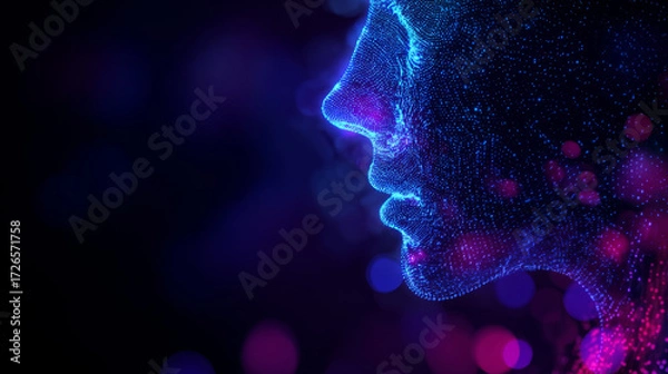 Fototapeta A glowing stylized human figure created from particles and light in a sci-fi digital environment.