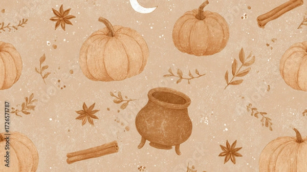 Fototapeta Autumn witchcraft pattern with pumpkins and cauldron