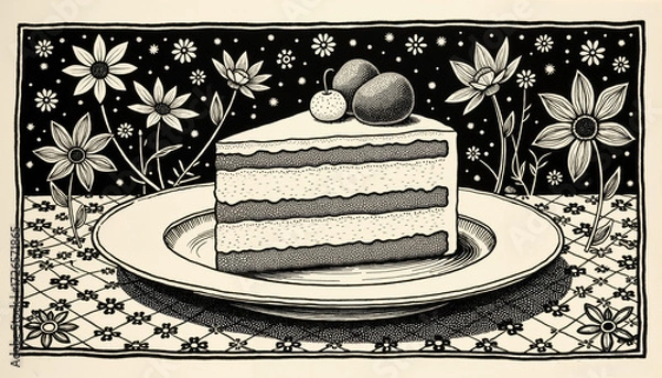 Fototapeta Cake slice on patterned napkin with floral design and decorative plate  