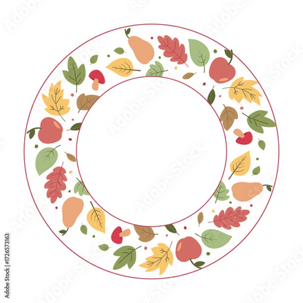Fototapeta Autumn frame with colorful leaves, apples, pears and mushrooms in flat style, seasonal decorative wreath illustration